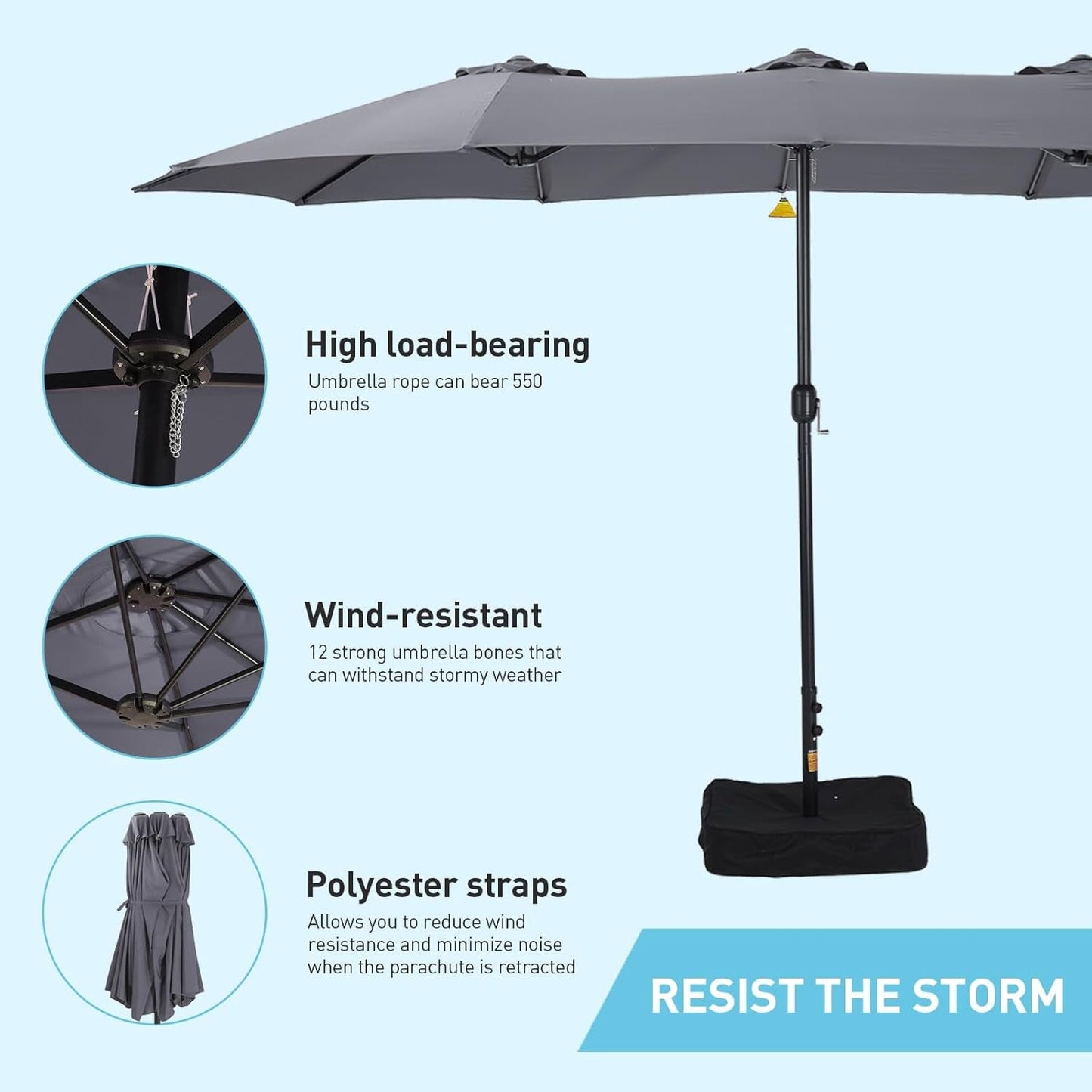 15Ft Large Patio Umbrella, Double Sided Extra Large Umbrella with