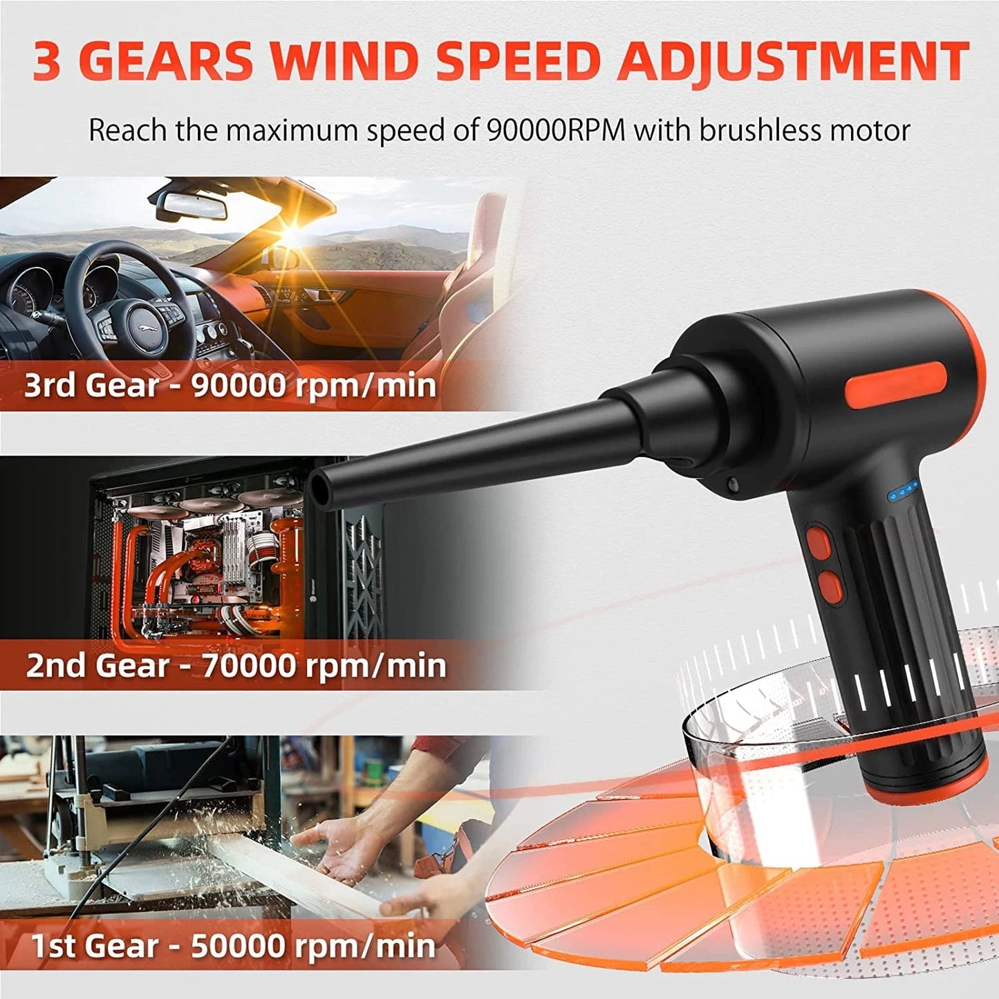 90000RPM Cordless Air Duster 90W Electric Wireless Gel Gun Blower