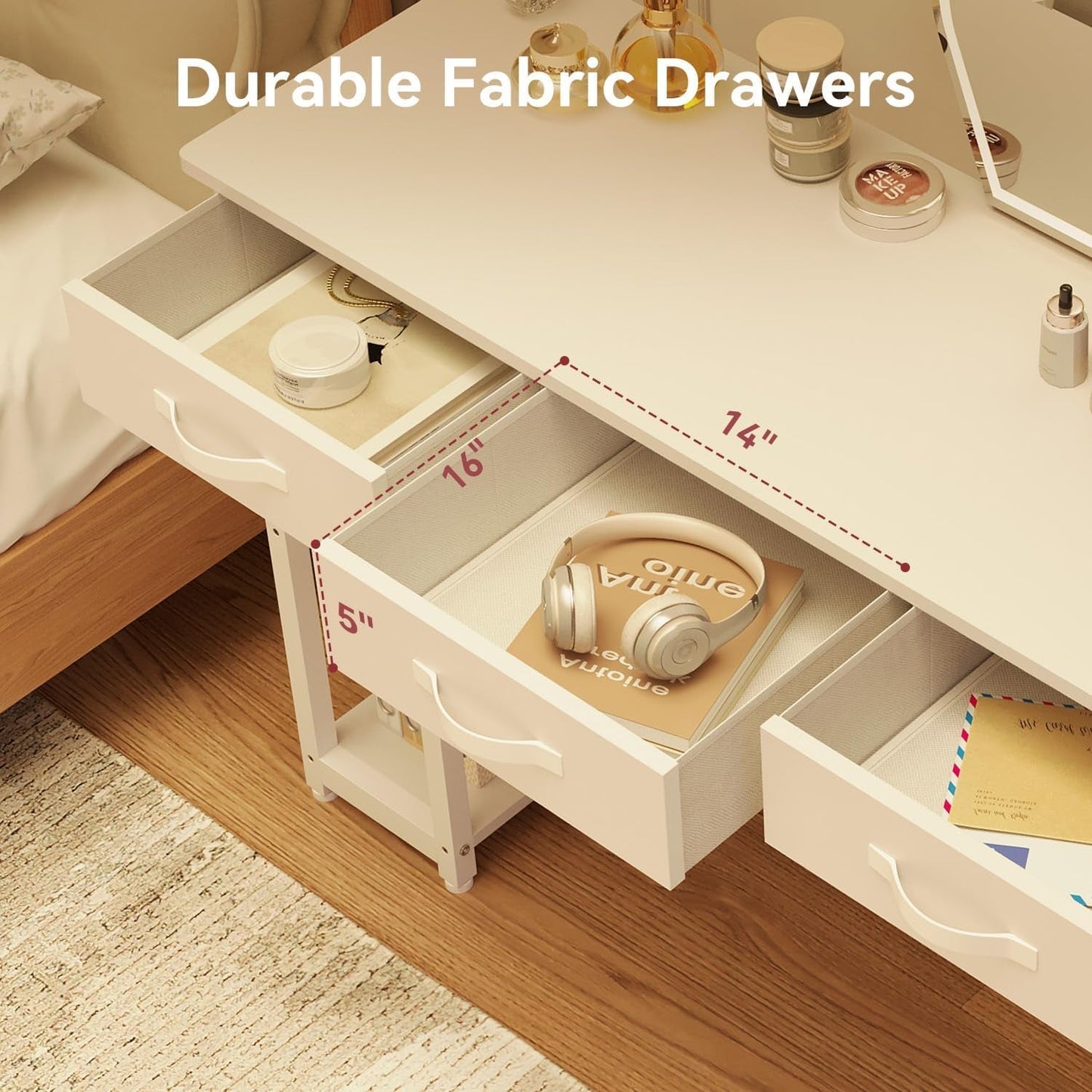 White Vanity Desk, Computer and Study Desk with Fabric Drawers & Side