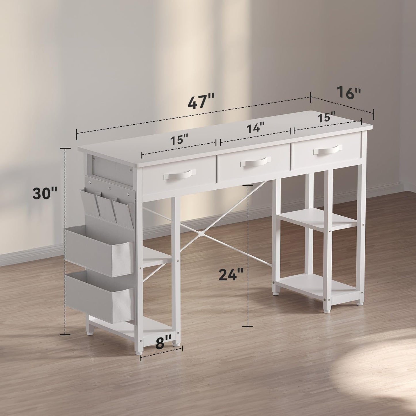 White Vanity Desk, Computer and Study Desk with Fabric Drawers & Side